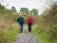 Senior couple Nordic walking on the trail in nature