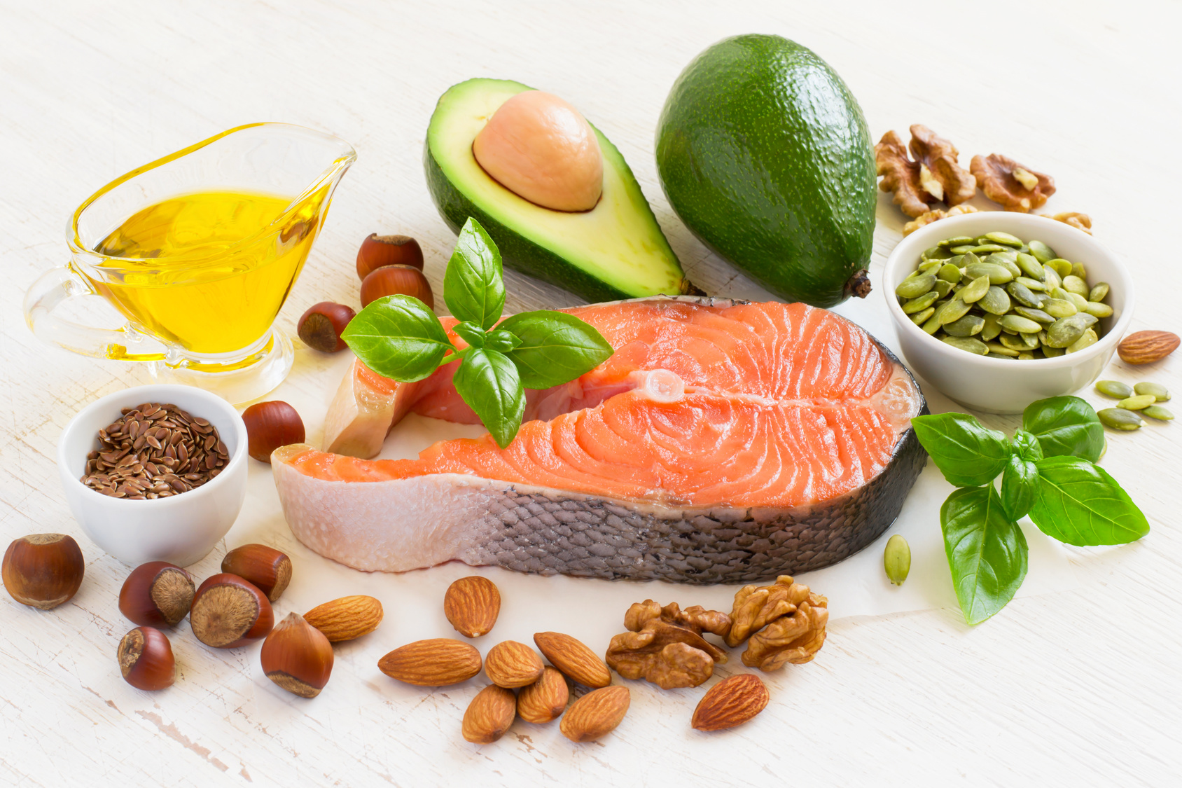 Set of food with high content of healthy fats and omega 3